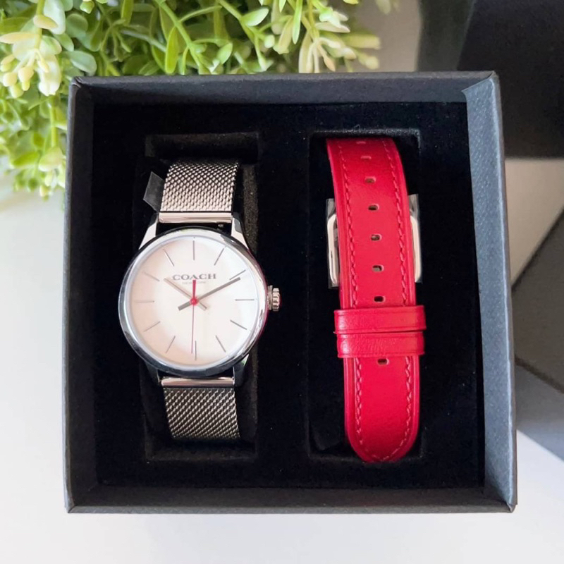 ผ่อน0-เซ็ทนาฬิกา-coach-ce785-ruby-watch-gift-set-14000086-หน้าปัดกลม-32-mm-สายหนังสีแดง-สายสแตนเลสสีเงิน