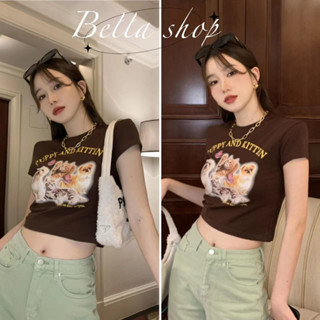 Bella🌻เสื้อยืด👕Crop top💗แมวน่ารัก เสื้อยืดแขนสั้นพิมพ์ลายสําหรับผู้หญิง เสื้อครอปทรง BM ทรงสลิมฟิต✨พร้อมส่งจากกทม มาถึงใน 3-5 วัน