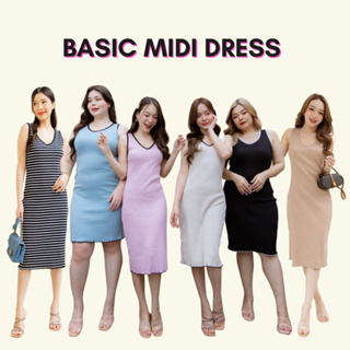 [กรอกโค้ด WQBKFQ ลด 125.-] Basicnotbasics - basic midi dress เดรสคอวี ผ้ายืด