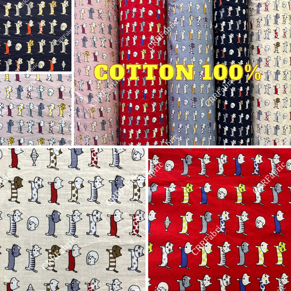ผ้าคอตตอน-cotton-100-หน้ากว้าง-44-45-ผ้าลายเเมว-ปลา-ผ้าเมตร-ผ้าหลา-cats-fish-pattern-fabric-ผ้าตัดเสื้อ
