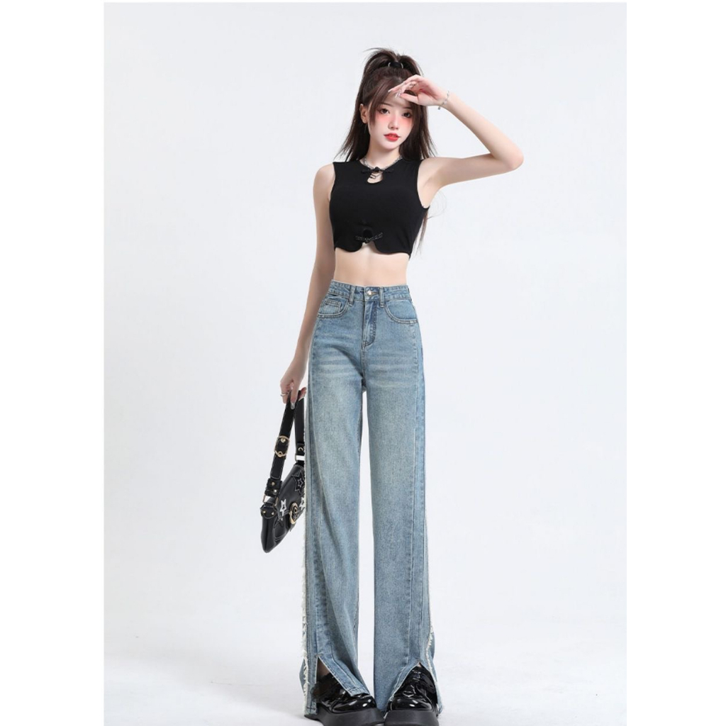 กางเกงยีนส์เอวสูงผู้หญิงฤดูร้อนใหม่ตรงสไตล์เกาหลีหลวมแฟชั่นกางเกงขากว้างผู้หญิงอินเทรนด์