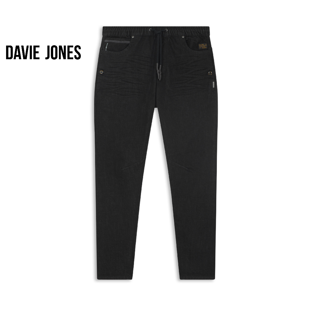 davie-jones-กางเกงจ็อกเกอร์-ยีนส์-เอวยางยืด-สีดำ-drawstring-denim-joggers-in-black-dn0018ฺbk