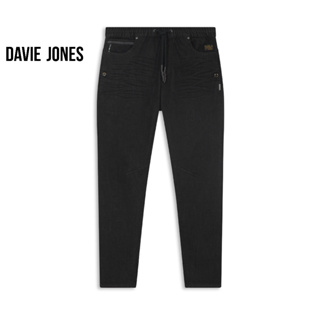 DAVIE JONES กางเกงจ็อกเกอร์ ยีนส์ เอวยางยืด สีดำ Drawstring Denim Joggers in black DN0018ฺBK