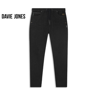 DAVIE JONES กางเกงจ็อกเกอร์ ยีนส์ เอวยางยืด สีดำ Drawstring Denim Joggers in black DN0018ฺBK