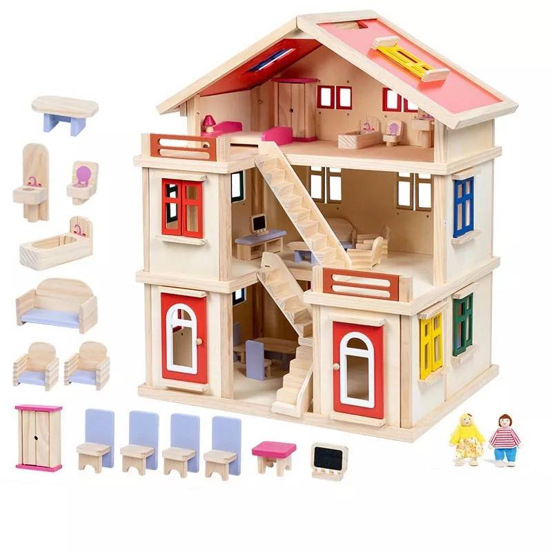ของเล่นบ้านไม้จำลอง-diy-บ้านไม้ตุ๊กตาสีชมพู-ของเล่นเด็กฝึกสมาธิเสริมการเรียนรู้-มีพร้อมส่ง