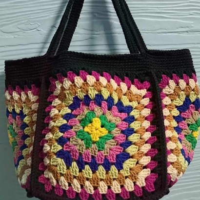 กระเป๋าถักเชือกฟอก-งานทำมือ-ต่อดอกหลายสี-งานถักแฮนด์เมด