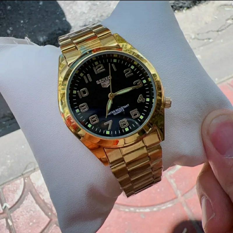 นาฬิกาผู้ชายsenkq-สายเลสทอง-หน้าปัดตัวเลขอาราบิก-พรายน้ำชัดเจน-กันน้ำ