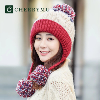 CHERRYMU รุ่น CK18 หมวกไหมพรม มีปอม Three-tone pom pom ear hat