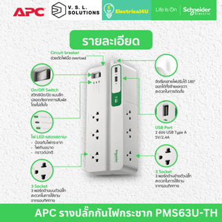 APC รุ่น PMS63U-TH อุปกรณ์รางปลั๊กกันไฟกระชาก Performance SurgeArrest 6 Outlet 3 Meter Cord with 5V, 2.4A 2 Port USB