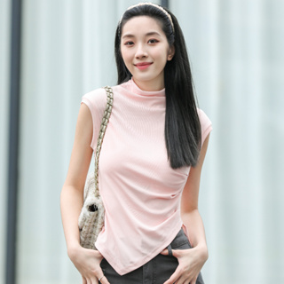 เสื้อยืดผู้หญิงแฟชั่นแขนกุดสไตล์เกาหลีคอเต่าคอกลมทรงสวยเซ็กซี่ดีไซน์เก๋น่ารักทรงไม่สมมาตรพร้อมส่ง