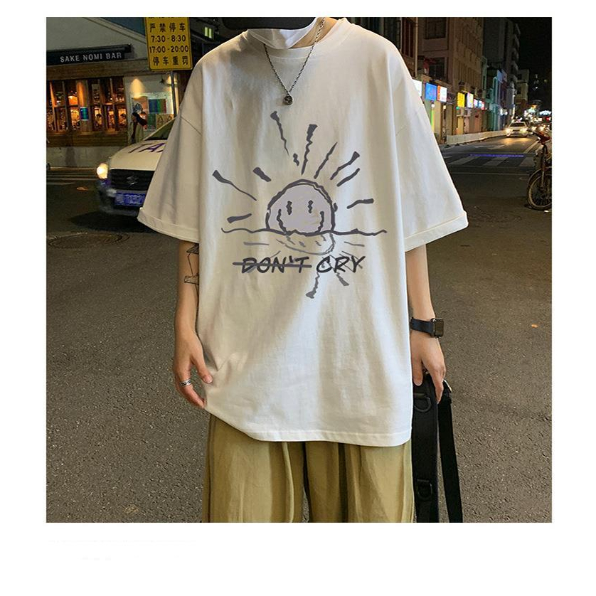 เสื้อยืดแขนสั้นผู้ชาย-unisex-สไตล์นักเรียนเกาหลี-ดีไซน์ฮ่องกงอินเทรน-พิมพ์การ์ตูน