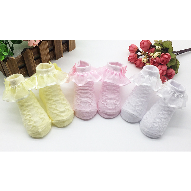 babyonline-y059-j4ถุงเท้าผ้าฝ้ายแต่งระบายสีพื้นแบบนุ่มสำหรับเด็ก