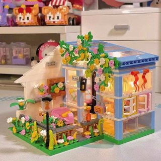 Ohiona. เลโก้บ้าน บ้านตุ๊กตา DIY บล็อกตัวต่อ เลโก้ ห้องดอกไม้ แสงแดดของบ้าน ของเล่นเด็ก ของขวัญวันเกิด