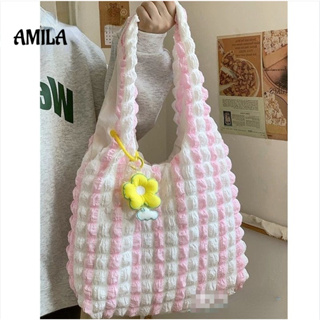 AMILA กระเป๋าสะพายสตรีแฟชั่นความจุขนาดใหญ่ Commuter ดอกไม้ ruffle ออกแบบ Bucket Tote Bag
