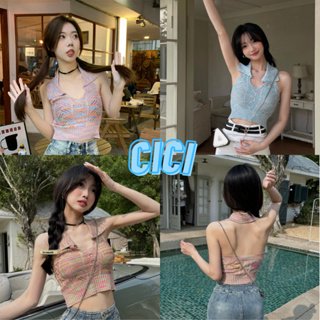 Cici(NO.T1500)เสื้อแขนกุดไหมพรมถักคอปก สีคัลเลอร์ฟูล โชว์แผ่นหลัง แซ่บสุดๆ