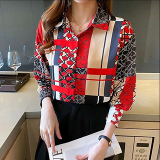 เสื้อเชิ้ตแขนยาวผ้าไหมอิตาลี ลายกราฟฟิคสีแดง ผ้าใส่สบายมาก เหมาะกับหน้าร้อน