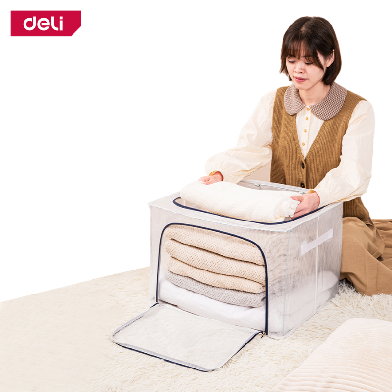 deli-กล่องผ้าพับได้-กล่องเก็บของ-กล่องใส่ของพับได้-ที่ใส่ผ้าห่ม-เสื้อผ้า-มีซิปเปิด-2-ด้าน-มีโครงเหล็ก-โปร่งใส-storage-bo