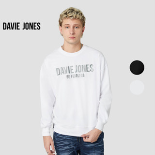 DAVIE JONES เสื้อสเวตเตอร์ โอเวอร์ไซส์ พิมพ์ลาย สีดำ สีขาว Logo Print Oversize Sweater in black white  SW0034BK WH