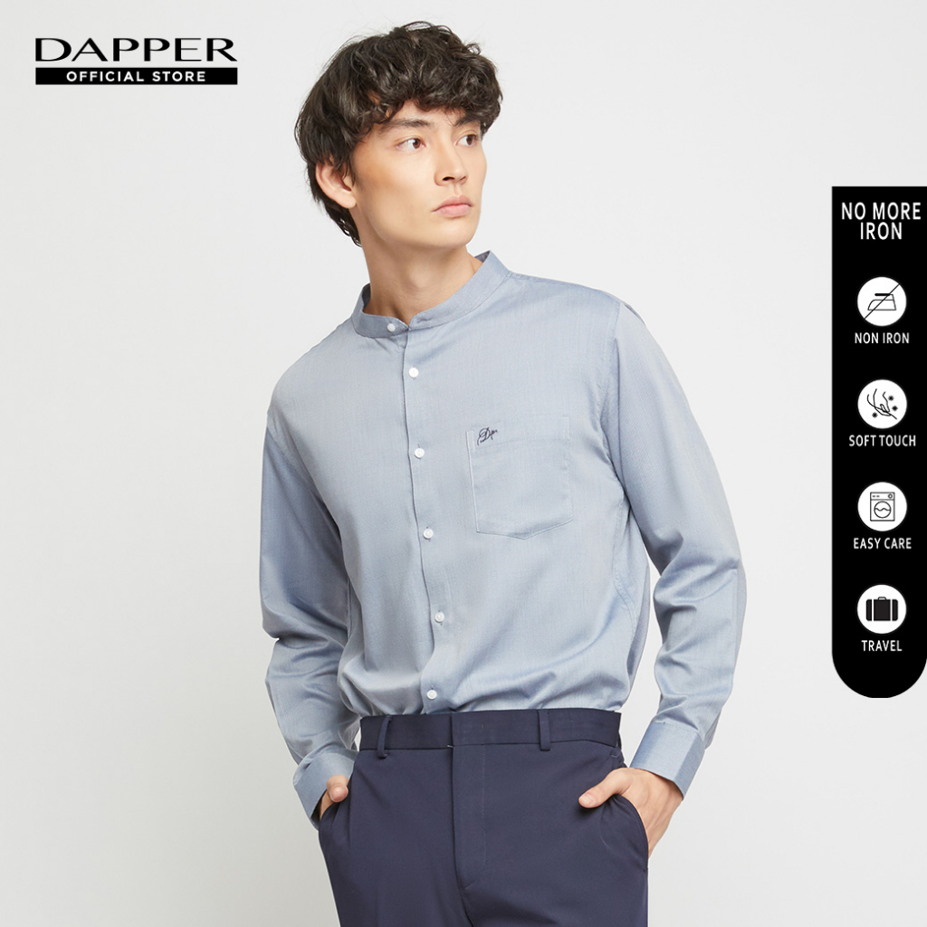 dapper-เสื้อเชิ้ตทำงานคอจีน-no-more-iron-mandarin-collar-regular-fit-สีน้ำเงิน-bsln1-105mn