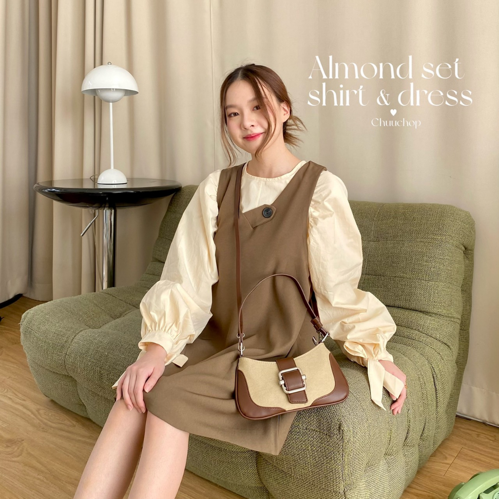 chuuchop-พร้อมส่ง-c7985-c7986-almond-set-shirts-amp-dress-เสื้อเชิ้ตเเขนยาว-amp-เดรสสั้นแขนกุด