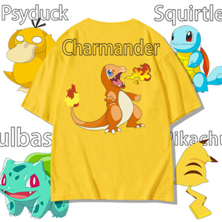 Pokemon &amp; Charmander และ Miao Frog Seed เหมาะสำหรับสวมใส่ อนิเมะเสื้อยืด