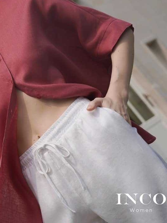 inco-women-กางเกงลินิน-กางเกงสี่ส่วน-เอวยืด-ผ้าลินินแท้-มีน้ำหนักเบา-ระบายอากาศได้ดี