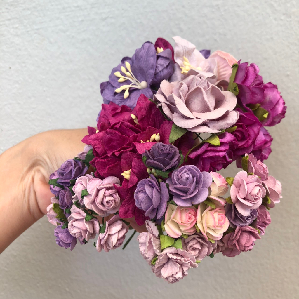 ดอกไม้กระดาษสาสีชมพูม่วงเข้มและบานเย็น-คละขนาด-60-ชิ้น-ดอกไม้ประดิษฐ์สำหรับงานฝีมือและตกแต่ง-พร้อมส่ง-f62