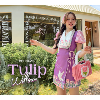 K82 Tulip Willow : Mini Dress มินิเดรสสีม่วง แขนตุ๊กตาผ้าสก๊อต