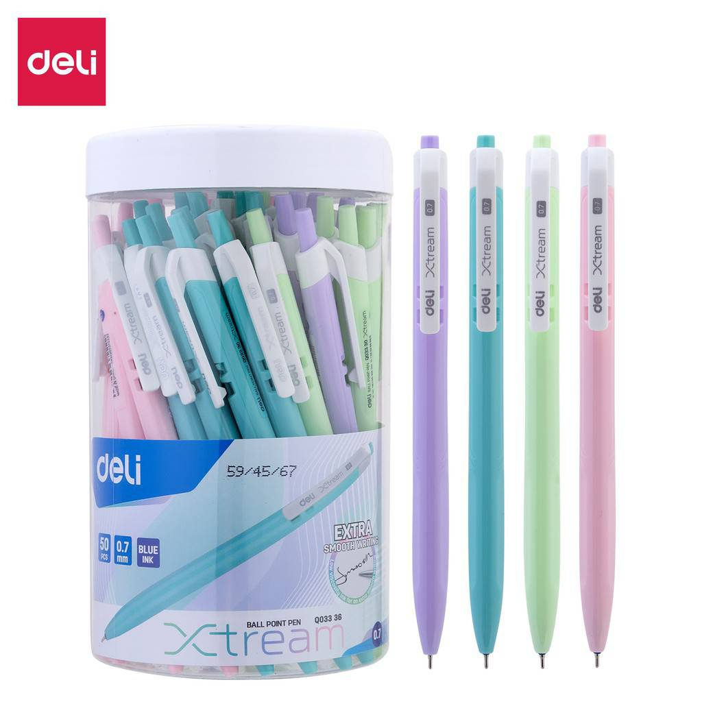 ปากกา-deli-q033-30-ball-point-pen-ปากกาลูกลื่น-xtream-หมึกน้ำเงิน-เส้น-0-7-mm-ด้ามทึบสีพาสเทล-50ด้าม-กระปุก