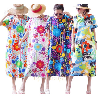 📌ทักก่อนสั่ง📌เดรสคอกลม ผ้าคอตตอนญี่ปุ่น พิมพ์ลายดอก อก46”  oaziz