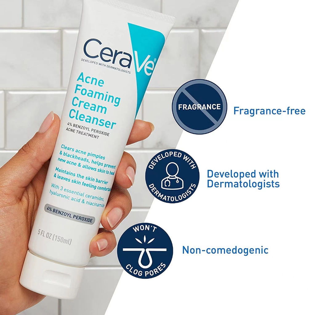 การส่งของแท้-cerave-acne-foaming-cream-cleanser-benzoyl-peroxide-acne-treatment-150-ml