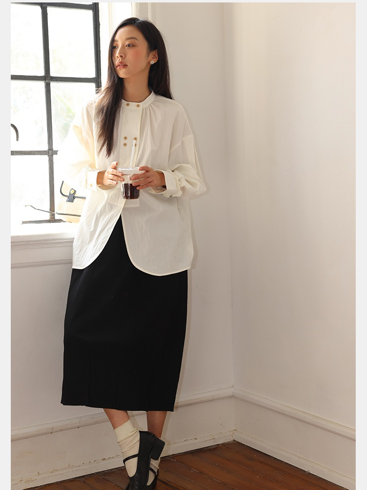เสื้อเชิ้ตคอจีนผู้หญิงสีขาว-รุ่น-ct2986-น่ารักมากๆ-เสื้อแต่งกระดุมแฟชั่นเกาหลี-ทรงหลวมแขนยาว