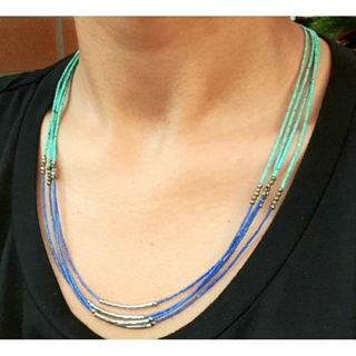 สร้อยคอ หินเทอร์ควอยส์ และ หินลาพิสลาซูลี่ หินแท้ธรรมชาติ Natural Turquoise &amp; Lapis Tiny Beads Multi Strands Necklace