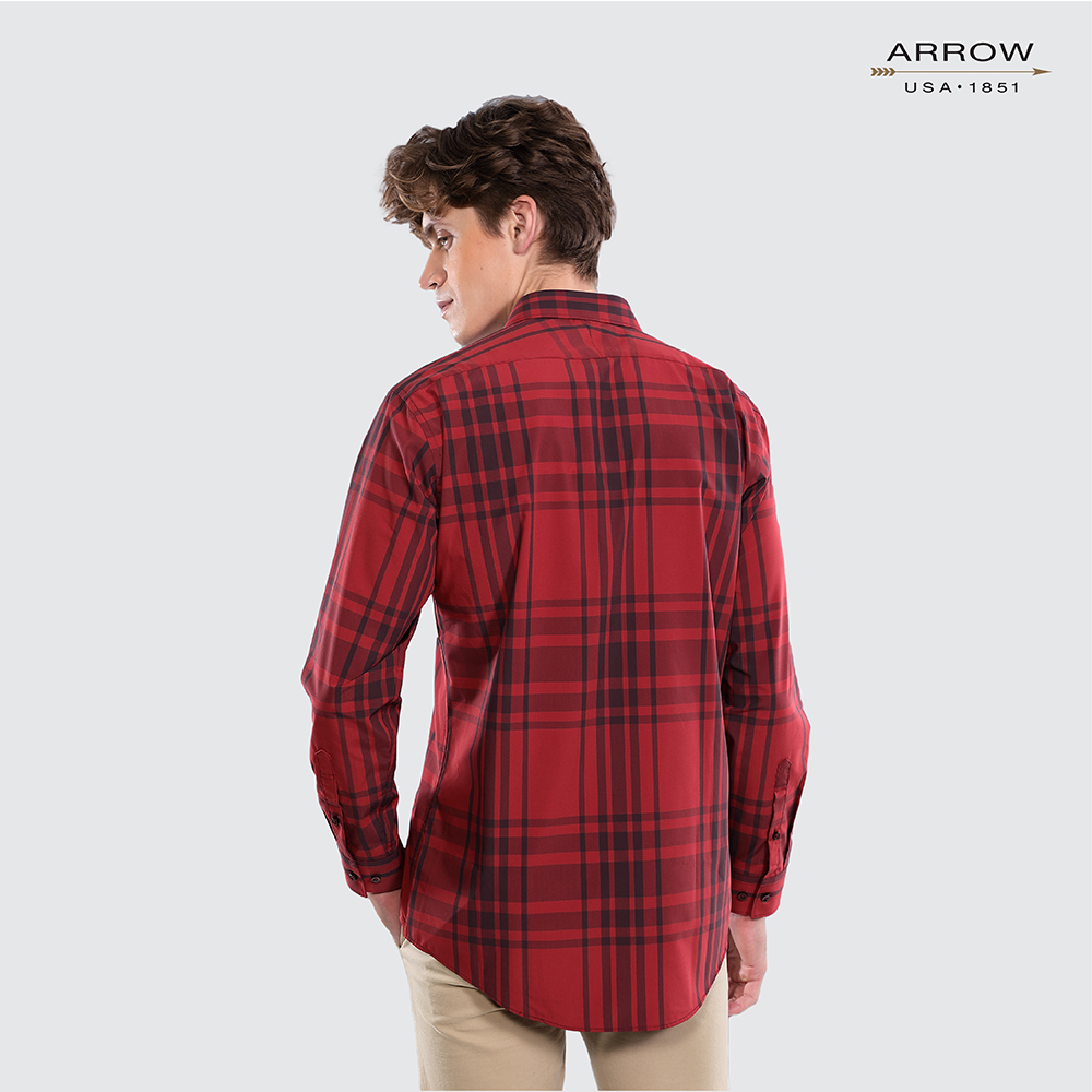 arrow-bamboo-shirt-สัมผัสนุ่ม-สวมใส่สบาย-ระบายอากาศดี-เสื้อเชิ้ตทำงานแขนยาว-ลายตาราง-สีแดง-ทรง-slim-fit-รหัสmacs108s3bsre