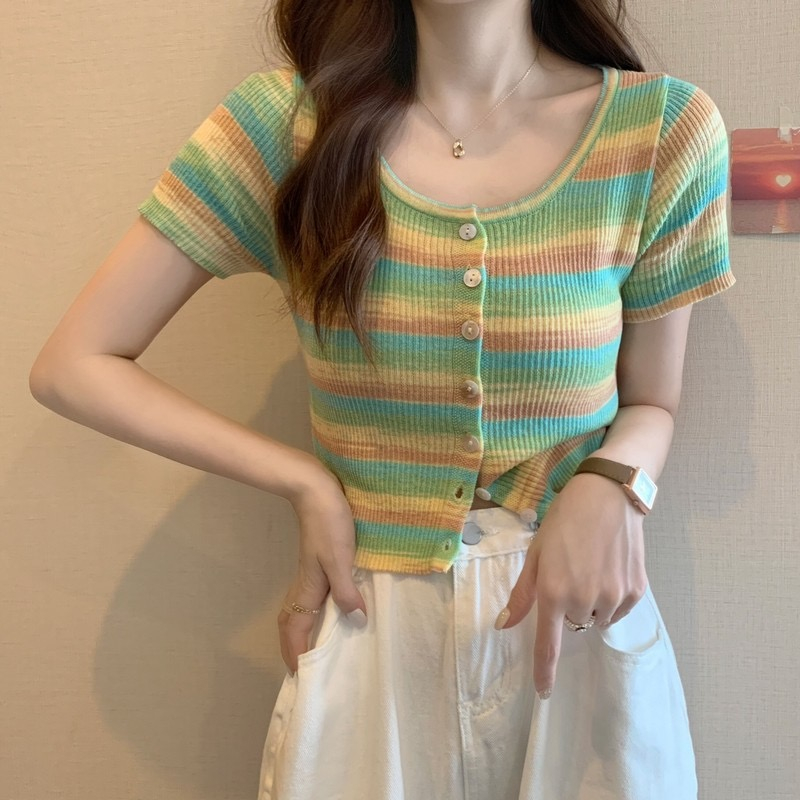 cici-no-7285-เสื้อครอปแขนสั้น-มีกระดุมหน้า-แต่งลายทางสีพาสเทลสุดน่ารัก