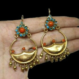 ต่างหู หินเทอร์ควอยส์ และ หินปะการัง แฮนเมด Afghan Turquoise &amp; Coral Earrings Dangle Jewelry Gemstone Handmade