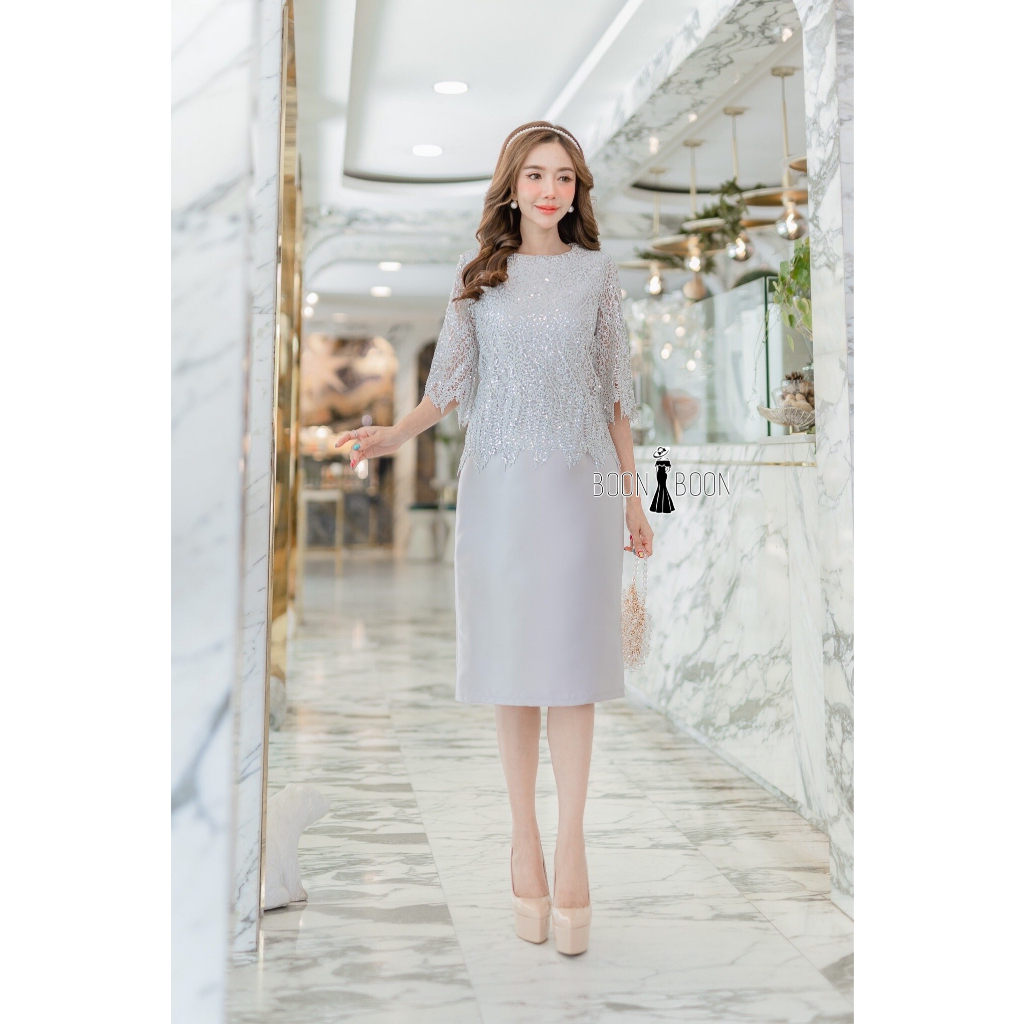 เดรสลูกไม้พรีเมียมไซส์ M-5XL พรางพุงสวยหรู งานแม่เจ้าบ่าว ราตรีสั้น มุมมองที่ 5