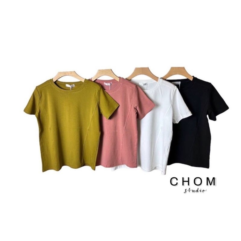 chom-เสื้อยืดคอกลมตีตะเข็บไหล่-ผ้า-cotton-งานป้าย