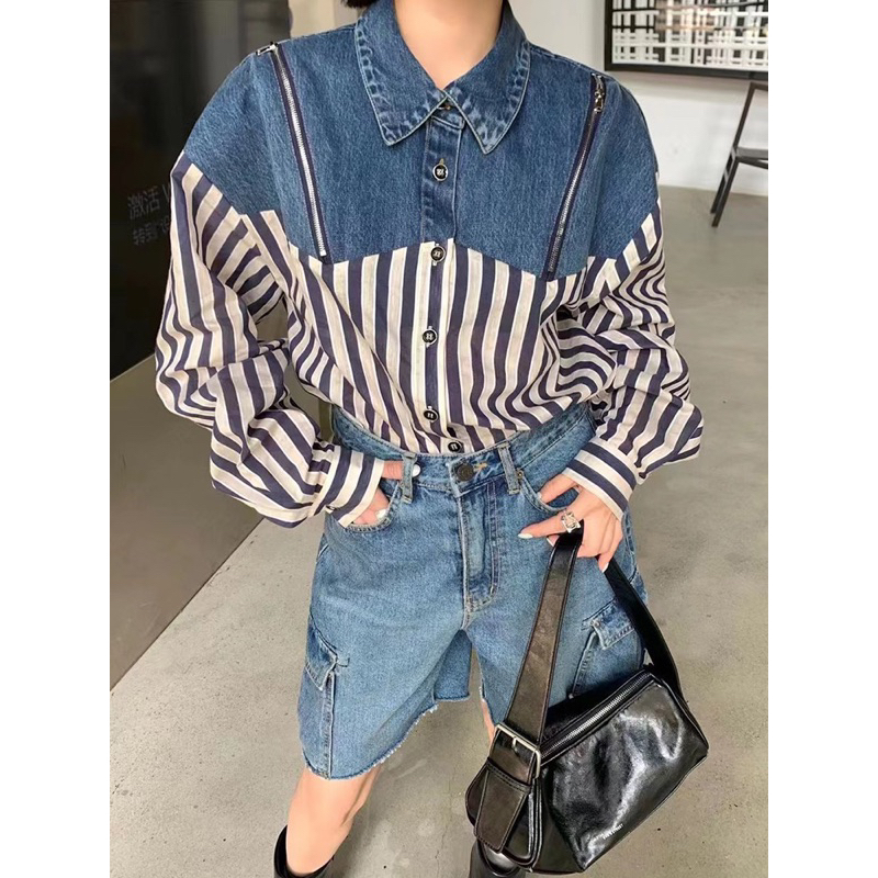 เสื้อเชิ้ตยีนส์-แขนยาว-แต่งผ้ายีนส์ด้านบน-ช่วงไหล่แต่งซิปรูดได้-สไตล์เกาหลี