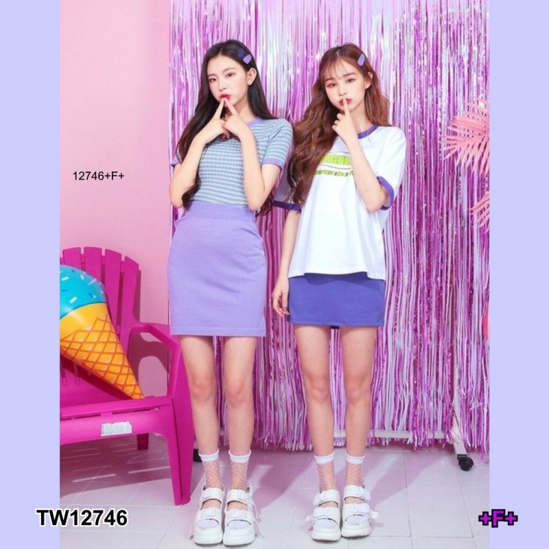 tw12746-set-2-ชิ้น-เสื้อยืดไหมพรมริ้วเข้ารูปสวยๆ-กระโปรงสั้น