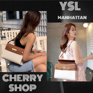 ถูกที่สุด ของแท้ 100%/Saint Laurent MANHATTAN SHOULDER BAG IN CANVAS AND LEATHER YSL ผู้หญิง/กระเป๋าสะพายข้าง