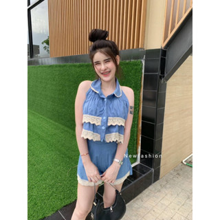 🧸เนื้อผ้ายีนส์ Set2ชิ้น  เสื้อคอบัวแขนกุด +กางเกง ขาสั้น แต่งระบายลูกไม้ ทรงสวยน่ารักมาก