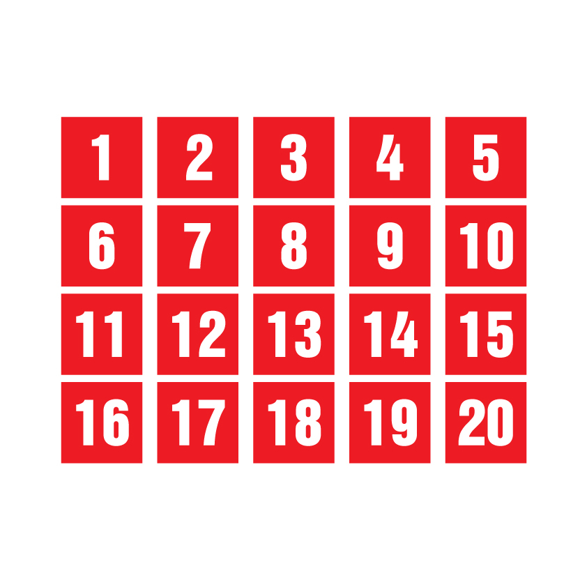 sticker-สติกเกอร์-ติดประตู-ผนัง-กำแพง-สี่เหลี่ยม-ป้ายตัวเลข-1-20-พื้นแดงเลขขาว-1-a4-ได้รับ-20-ดวง-รหัส-g-032