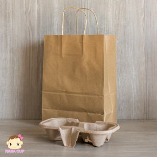 [PaperBag+รังไข่] ถุงกระดาษมีหูหิ้ว สีน้ำตาล ขนาด 21x11x29 ซม. + รังไข่สองช่อง - 1 แพ็ค จำนวน 50 ชุด