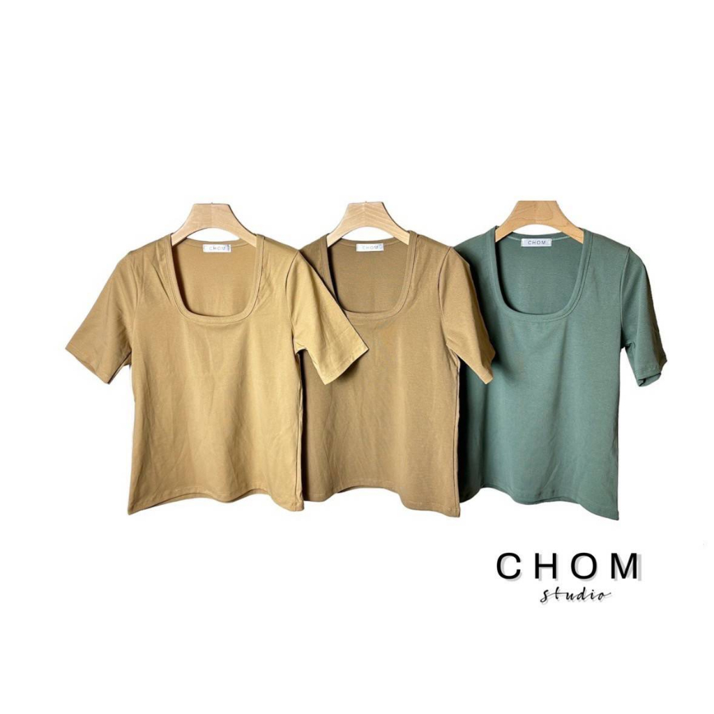 chom-เสื้อยืดคอเหลี่ยมแขนสั้น-ผ้าcotton-นุ่ม-แพทเทิร์น-basic-งานป้าย