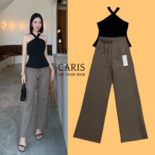 🔖ป้าย Caris ชุดเซต 2 ชิ้น เสื้อสีดำแขนกุดสายไขว้ อกเสริมฟองน้ำ มาพร้อมกับกางเกงขายาวทรงกระบอกเอวสูง มีกระเป๋าข้าง