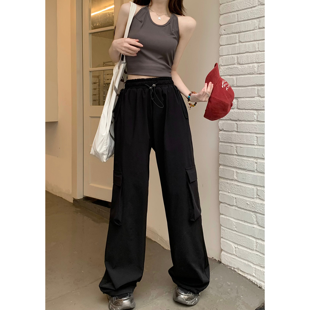 bella-กางเกง-y2k-cargo-pants-ผ้าไหมน้ำแข็งเอวสูงใหม่หลวมตรงกางเกงกีฬาขากว้างสบาย-ๆ-พร้อมส่งจากกทม-มาถึงใน-3-5-วัน