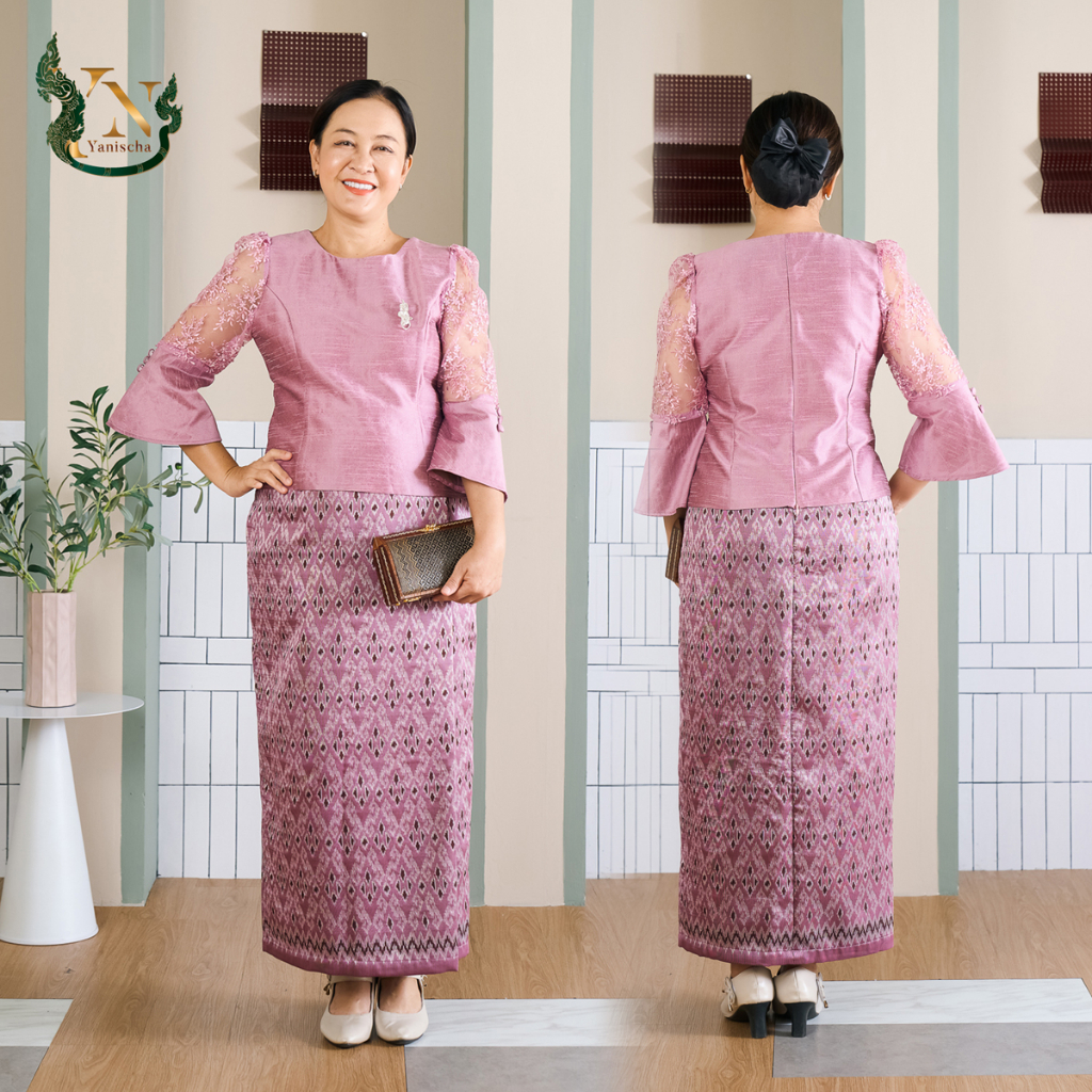 เซ็ทผ้าไหมแพรทิพย์ แขนลูกไม้บุหงา ชุดออกงาน ชุดไปวัด ใส่แล้วผอม ระบายอากาศดี