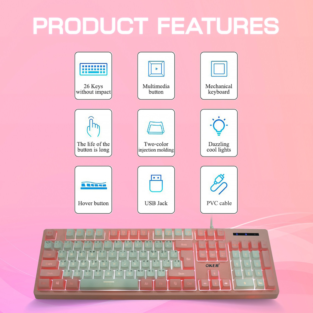 แท้100-oker-kb-911-kb-912-คีย์บอร์ด-เกมมิ่ง-สีชมพู-ไฟทะลุ-rose-pink-backlit-gaming-keyboard-rgb-สวยมากๆ
