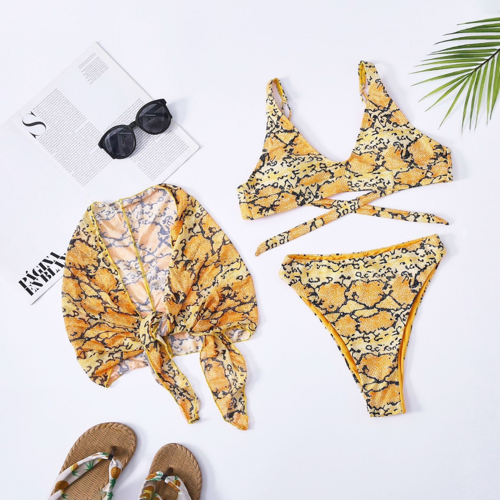 พร้อมส่ง-bikini-3-ชิ้น-ผ้าผูกเอว-ลายงูเหลือม